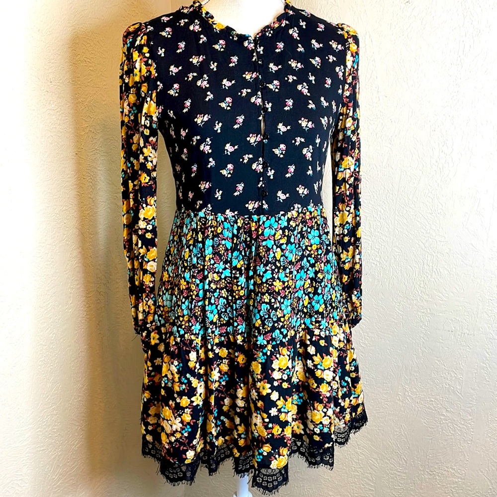 Forever 21 Black With Multi Colored Floral Long Sleeve Mini Dress-Yellow, Pink